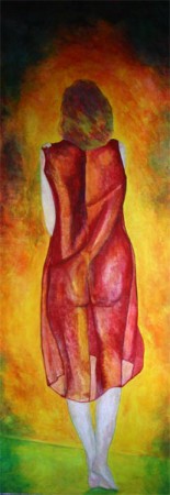  'Het meisje in de rode jurk'  (Eitempera Olieverf op paneel  50 cm x 150 cm)